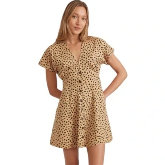 Marine Layer Camila Mini Dress Cheetah Print Mustard Tan Black Spots Small - Picture 3 of 12